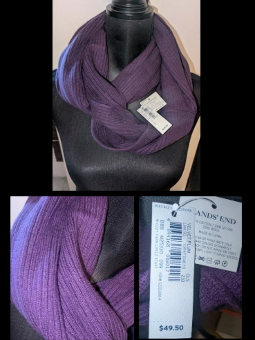 NWT Lands End Cozy Yarn Circle Scarf Ribbed - Plum One Size Adult